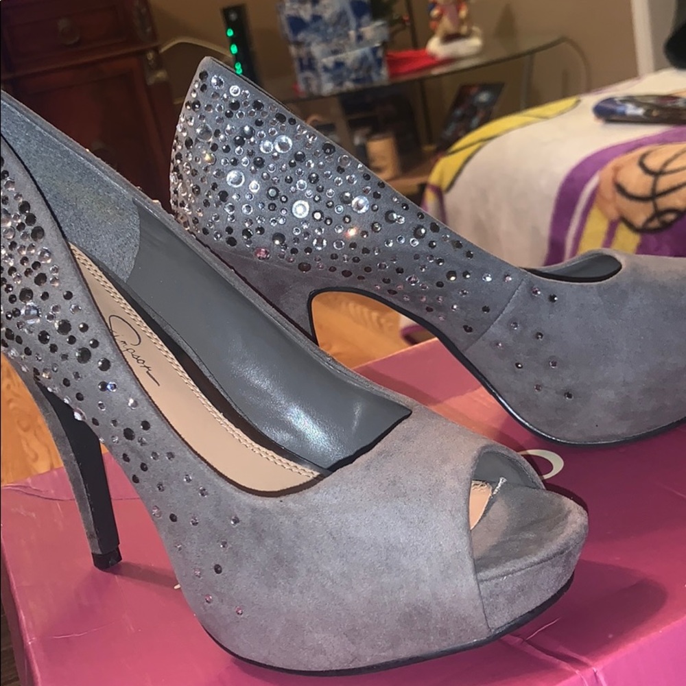 Grey peep toe heels